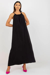 Robe coton viscose len noire ample longue bretelles nouées coupe évasée finitions discrètes texture légère sans-manches soirée estivale