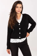 cardigan femme noir maille douce duveteuse coupe courte col V manches longues boutons blancs contrastants dentelle apparente chic