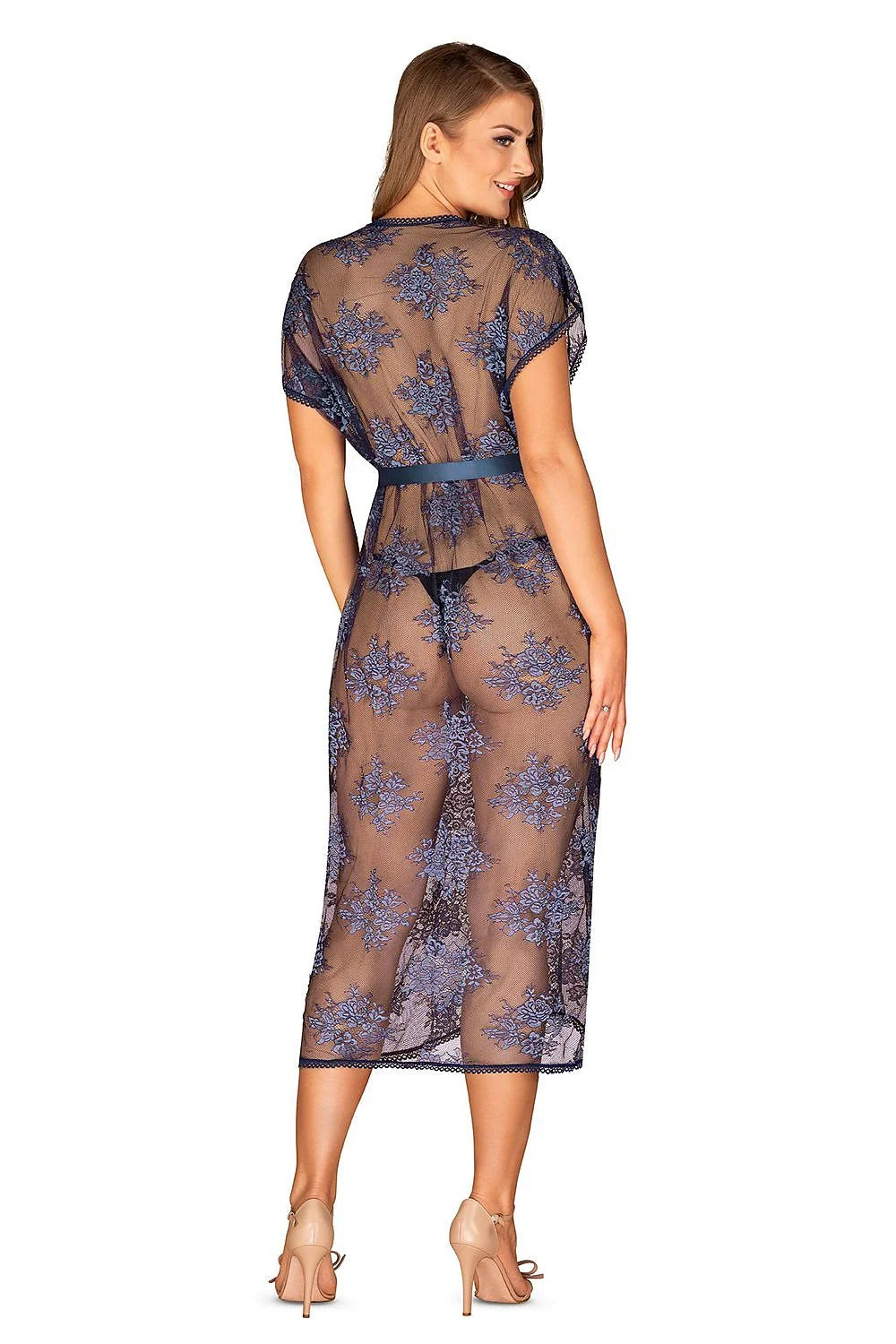 Robe de chambre Obsessive en dentelle transparente bleu profond ceinture satinée coupe kimono manches courtes femme