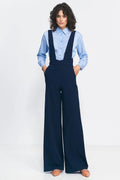 Combinaison femme chemise pantalon bretelles bleu clair bleu marine taille haute coupe moderne jambes larges hanches confortables polyester elasthanne viscose