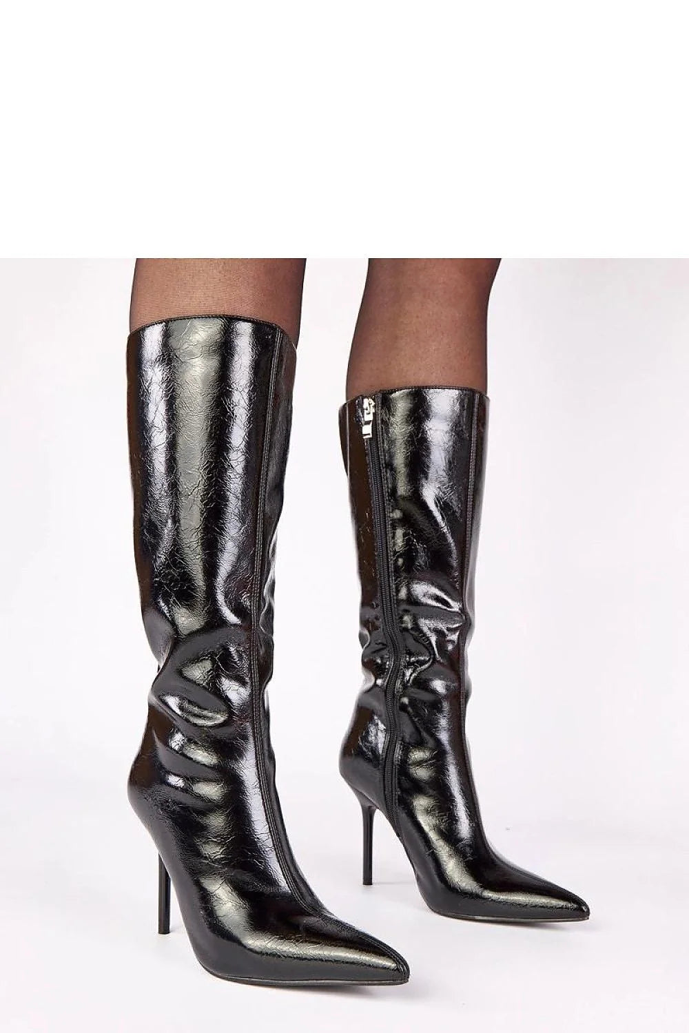 bottes hautes femme simili cuir verni noir tige 32cm froncée fermeture éclair latérale bout pointu talon aiguille 10cm doublure douce