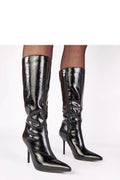 bottes hautes femme simili cuir verni noir tige 32cm froncée fermeture éclair latérale bout pointu talon aiguille 10cm doublure douce