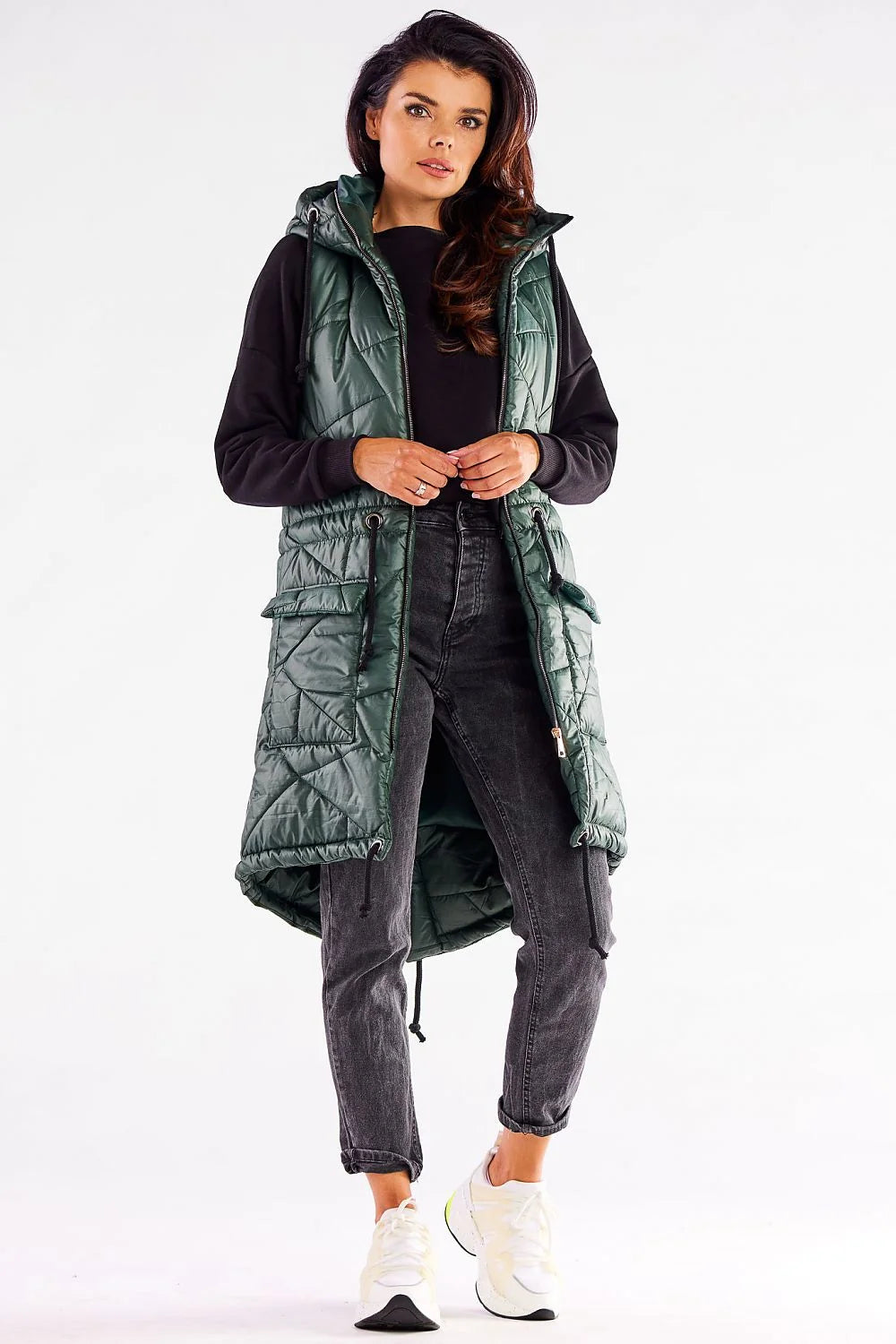 Gilet longue ligne épurée matelassé rouge femme automne hiver polyester 100% capuche cordon serrage poches