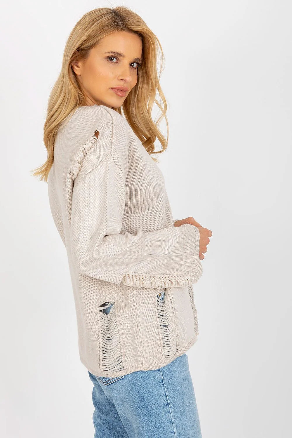 Pull Badu pour femme maille beige clair style décontracté urbain col rond manches longues coupe ample franges effilochages