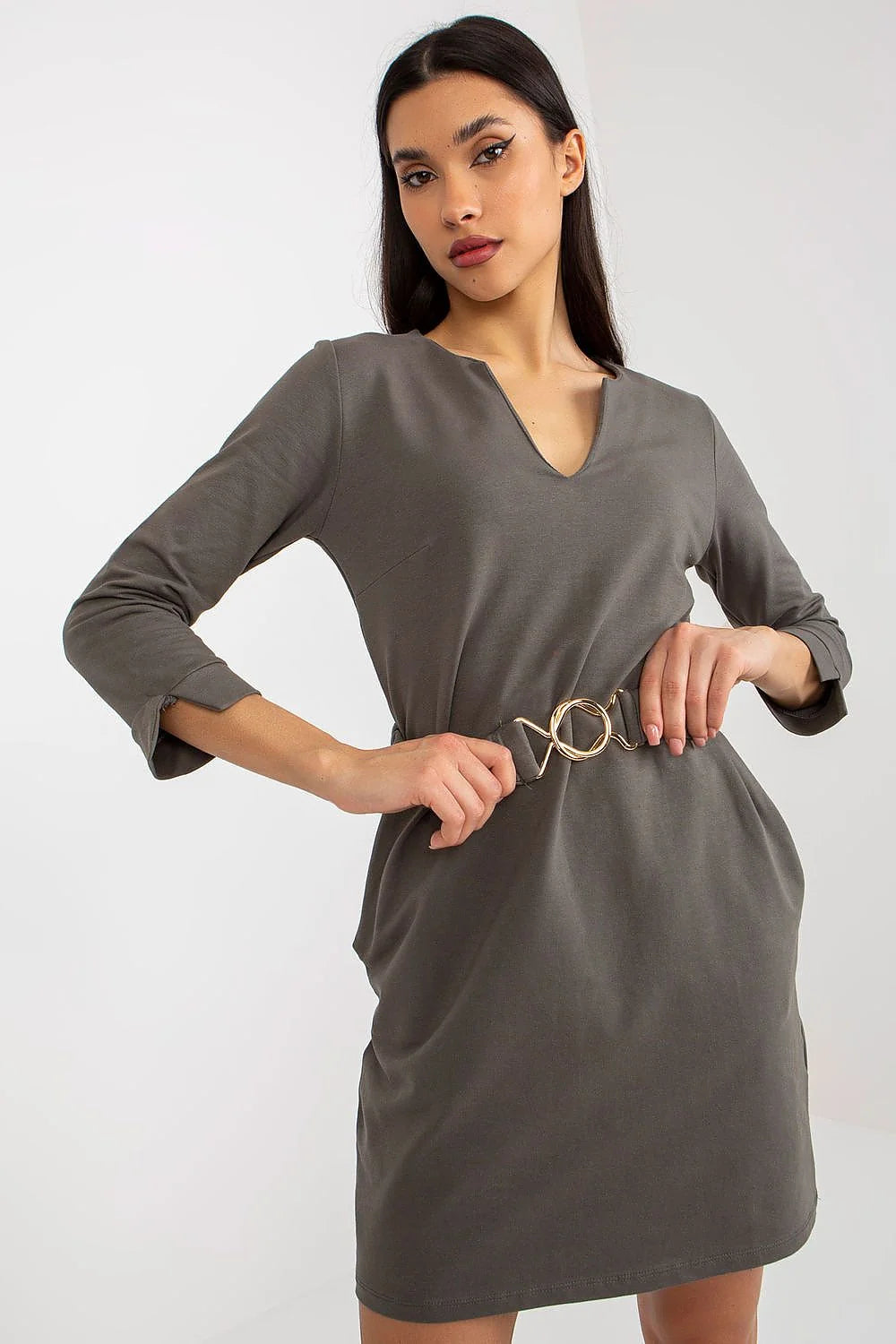Robe de jour élégante Och Bella manches 3/4 encolure en V ceinture intégrée poches latérales coton élasthanne Bordeaux femmes