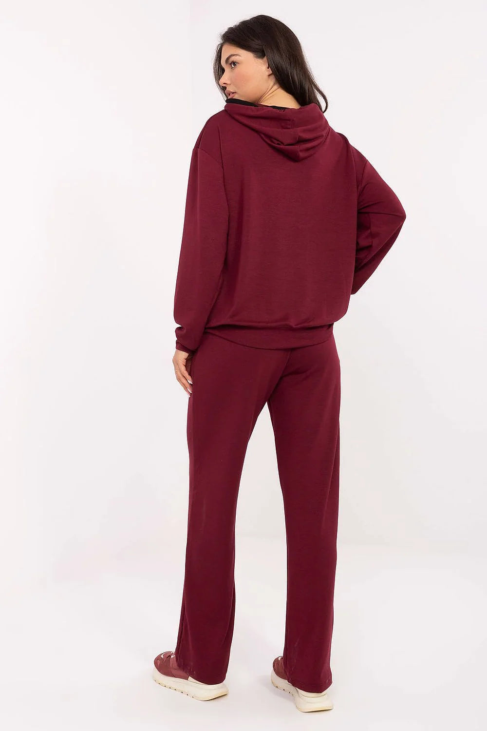 ensemble survêtement femme sweat capuche doublée bordeaux jersey doux viscose élasthanne coupe relaxed pantalon taille haute jambes droites