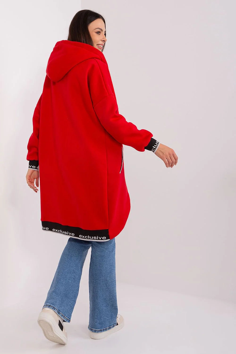 Sweatshirt long oversize streetwear femme couleur rouge vif coton 90% elasthann capuche fermeture éclair poches latérales