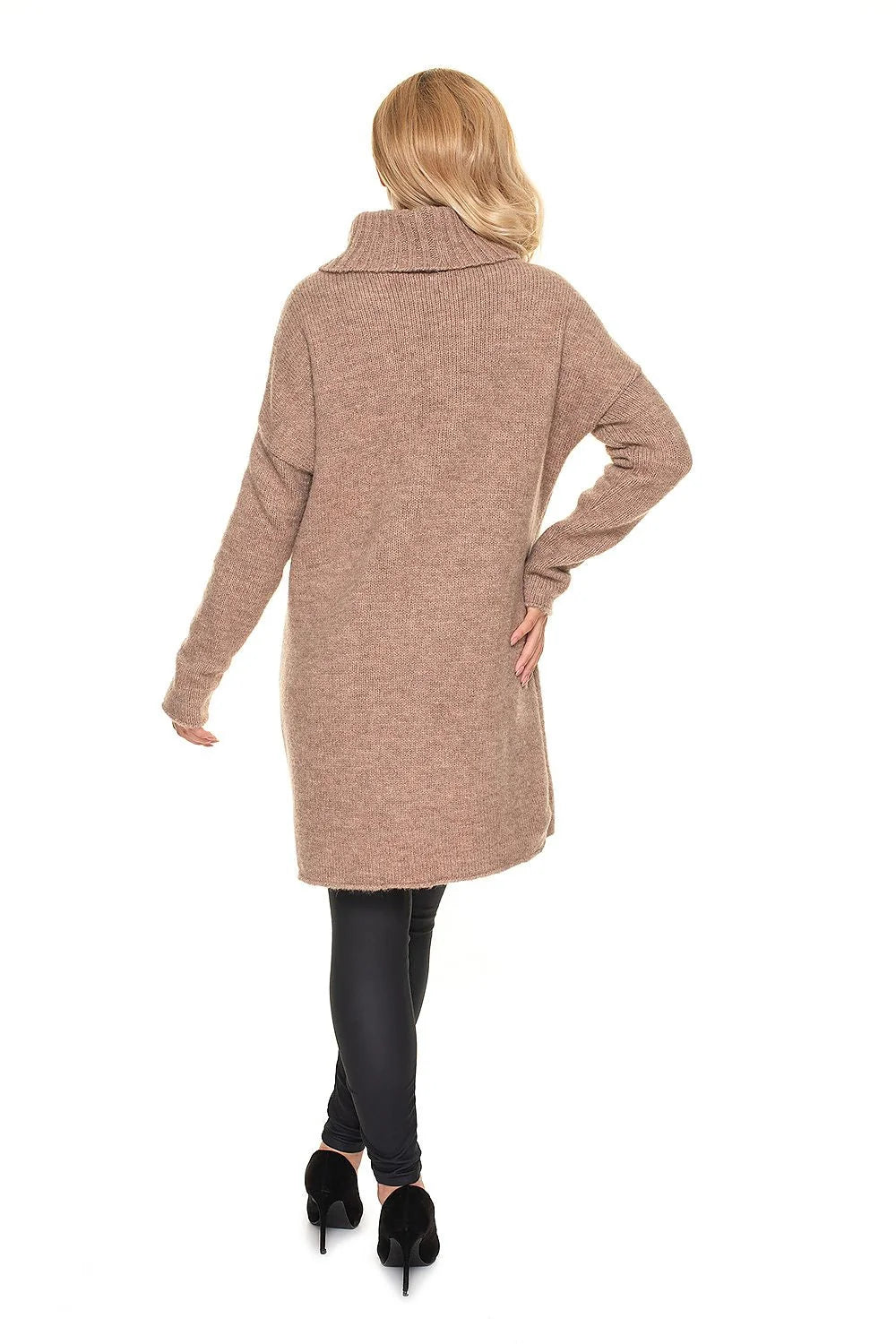 pull grossesse moderne confortable col roulé épais beige taupe oversize tunique mi cuisse asymétrique ouverture allaitement manches bouffantes