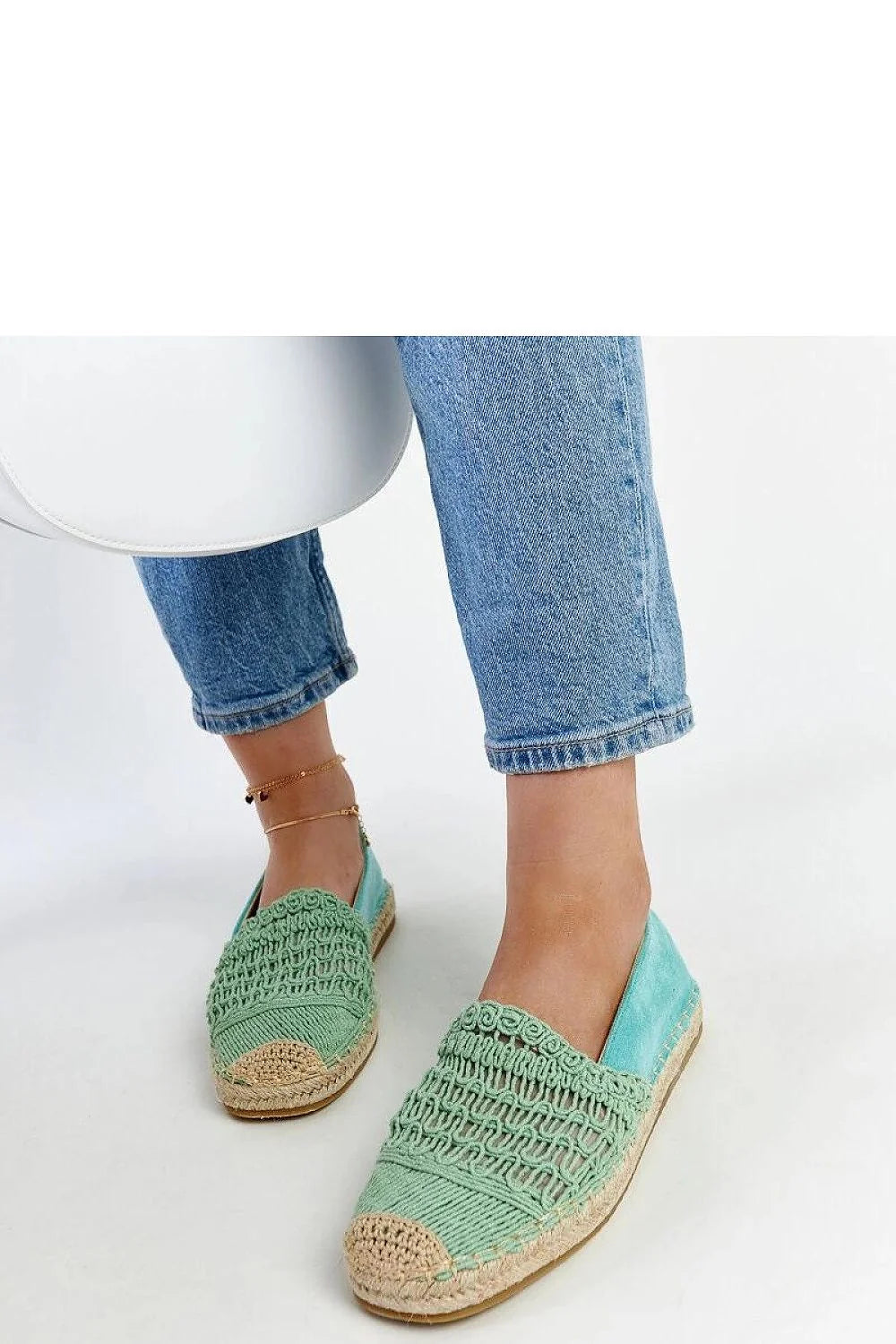 espadrilles femme vert menthe macrame tissées daim contrefort jute bout rond semelle corde gomme plate respirante bohème décontractée