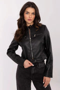 Veste en similicuir pour femme style biker courte manches longues col montant fermeture éclair métallique poches zippées noir