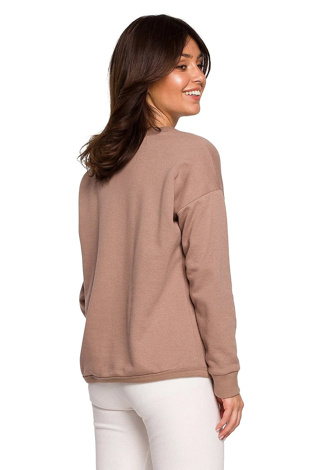 Sweatshirt femme coton coupe ample rose col V manches longues confortable style décontracté élégant