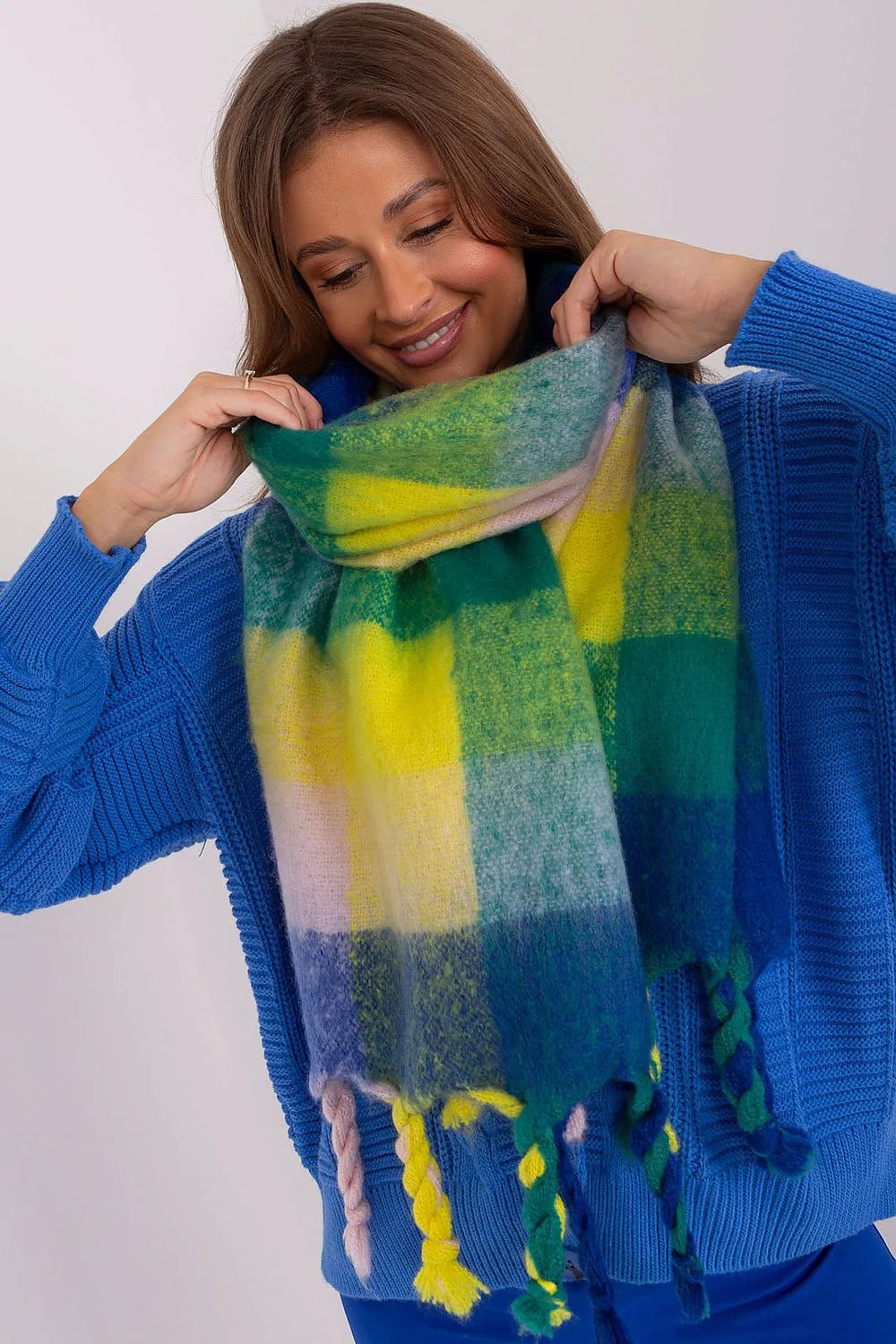 Écharpe longue colorée à carreaux en laine et polyester, style moderne, pompons, franges, idée cadeau femme, automne hiver