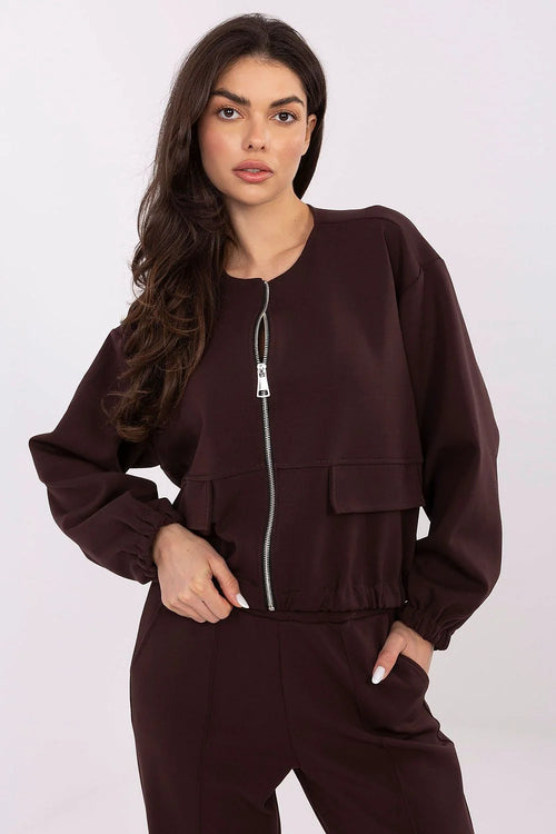 pull bomber zippée femme bordeaux prune coupe courte boxy manches bouffantes poches rabat scuba stretch dense métallique maintien athleisure