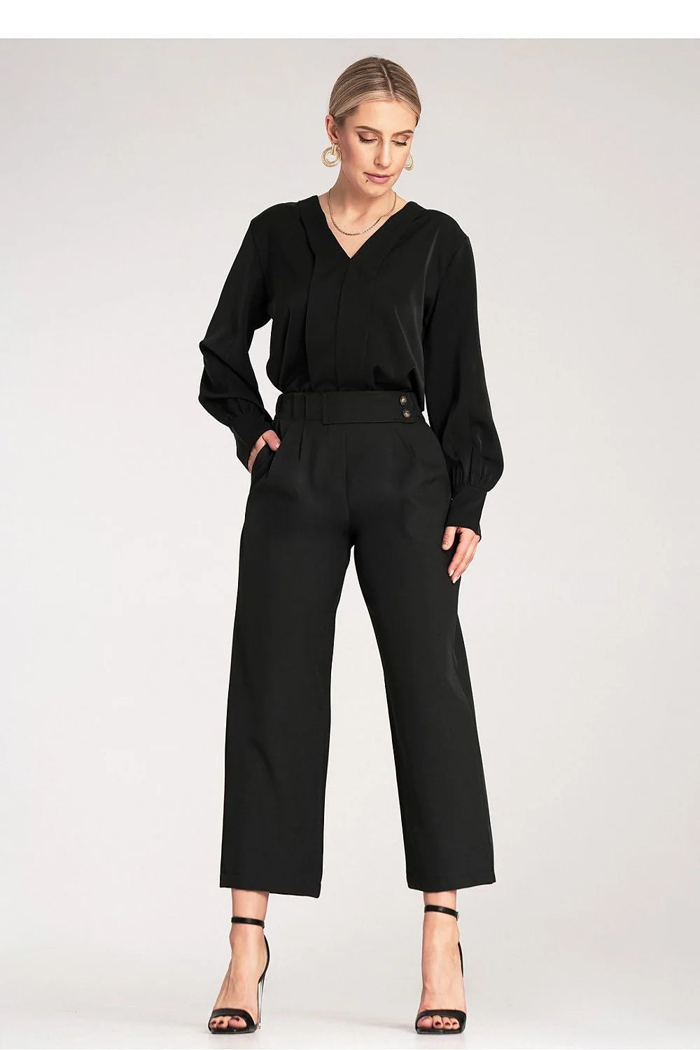 pantalon femme Figl cropped taille haute ceinturé boutons décoratifs slim fit coupe tailleur fluide crêpe polyester elasthanne noir élégant sophistiqué