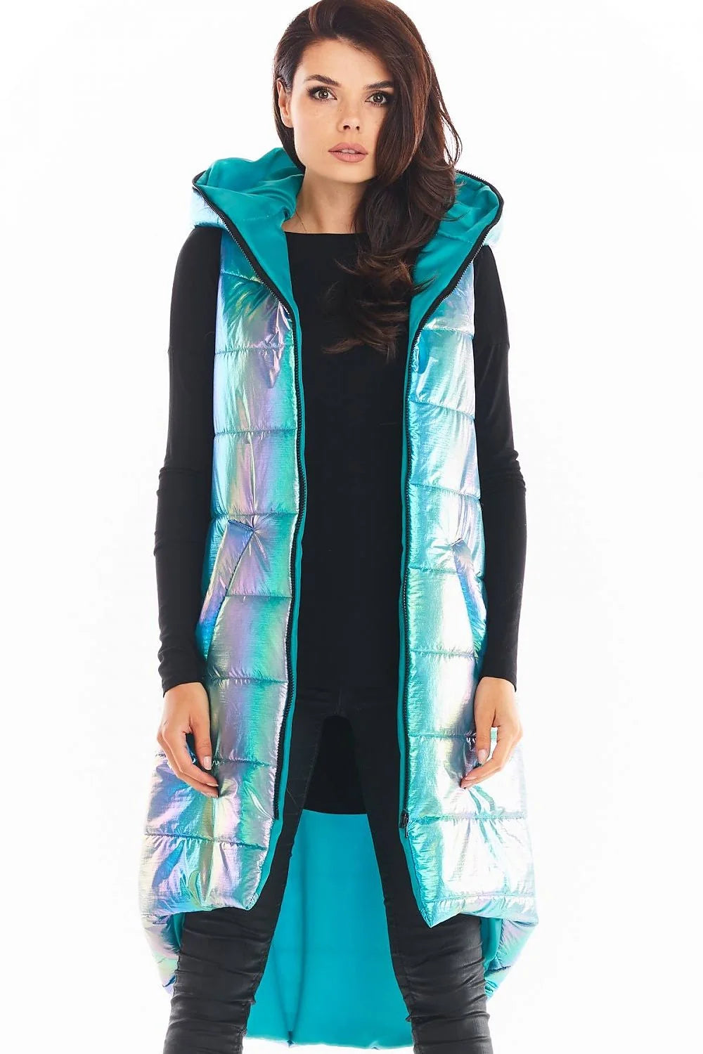 Gilet sans manches irisé synthétique moderne avec capuche pour femmes urbaines tendances en bleu menthe