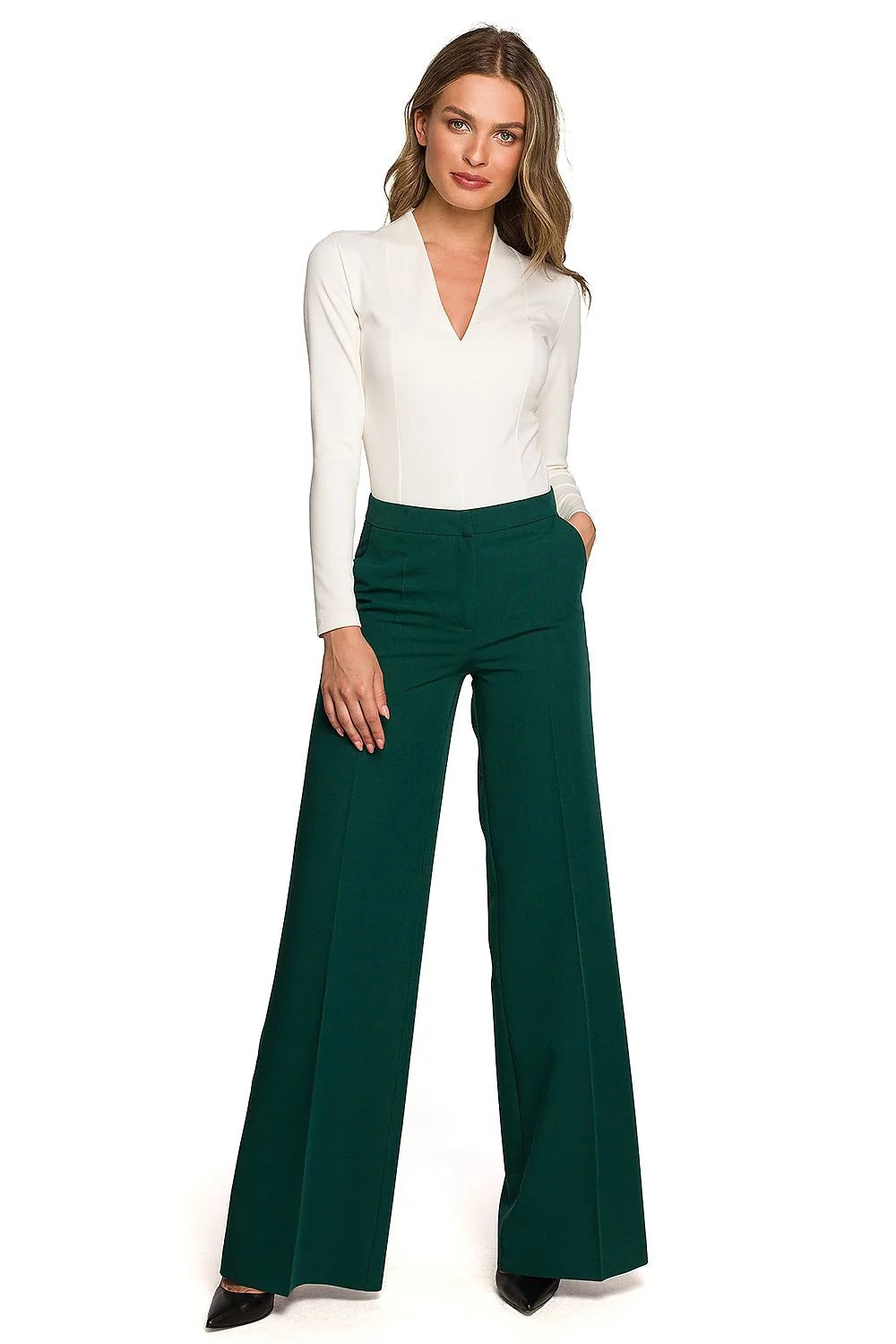 Pantalon femme Stylove élégant sophistiqué coupe palazzo vert émeraude taille haute matériaux luxueux manches longues haute qualité