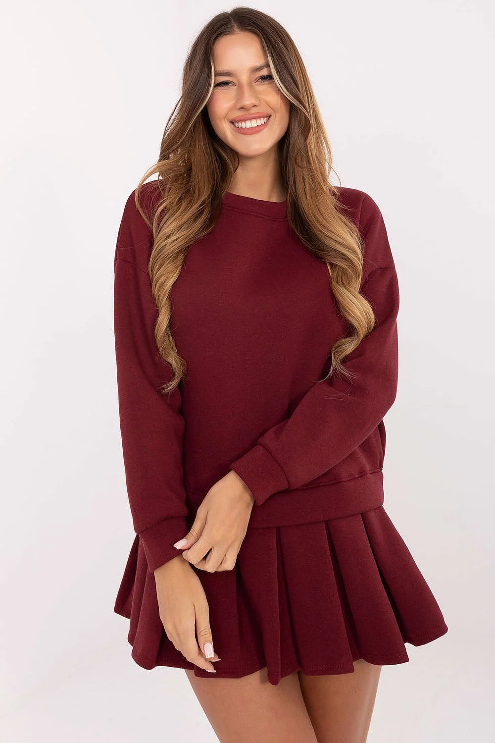robe sport femme coton élasthanne doux extensible décolleté rond manches longues coupe évasée bas plissé doublée mini facile athleisure bordeaux