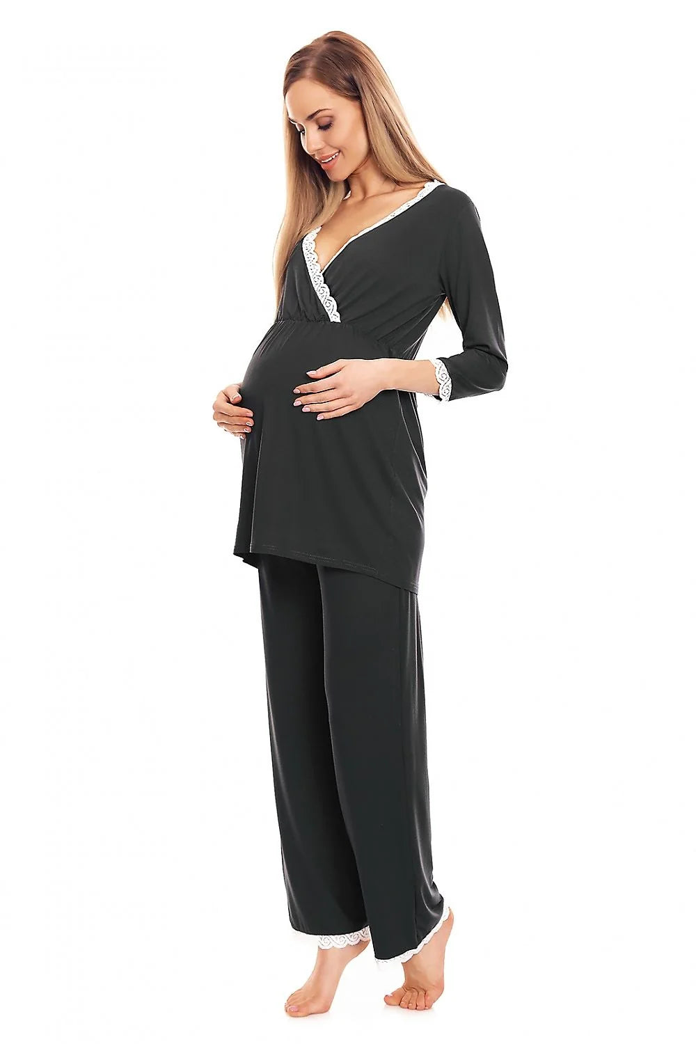 Pyjama Pee Ka Boo maternité allaitement deux pièces confortable dentelle noire tissu doux élasthanne viscose