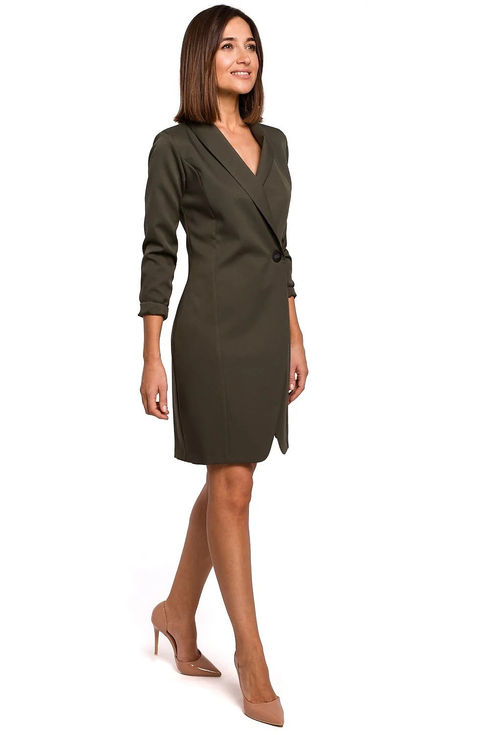 Robe-blazer blanche en polyester élastane chic et élégante, col revers, pour femme professionnelle chic