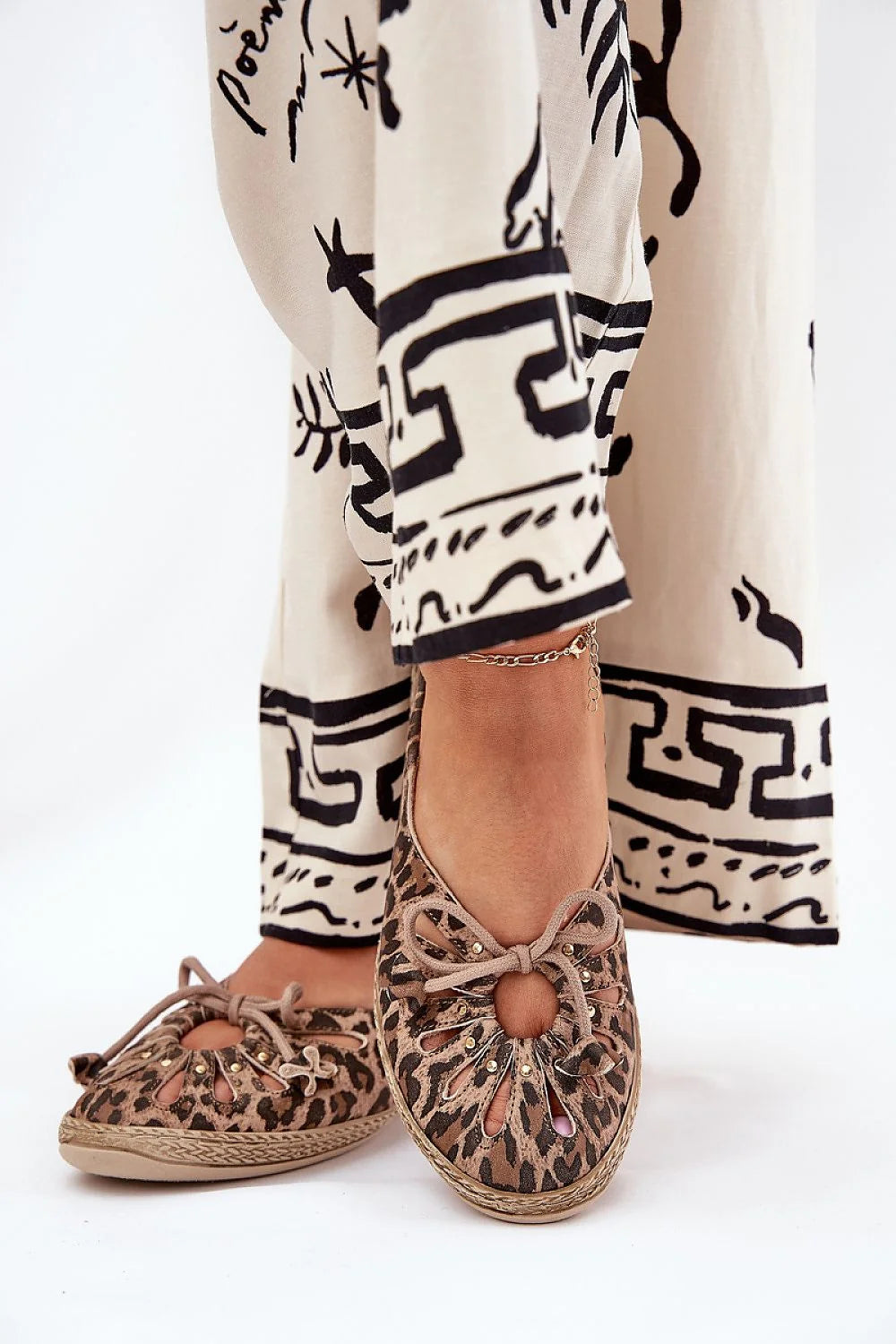 ballerines espadrilles bohème motif léopard jupe longue graphique décontractée ethnique toile suédine jute semelle amortie nœud strass perforations ajourées