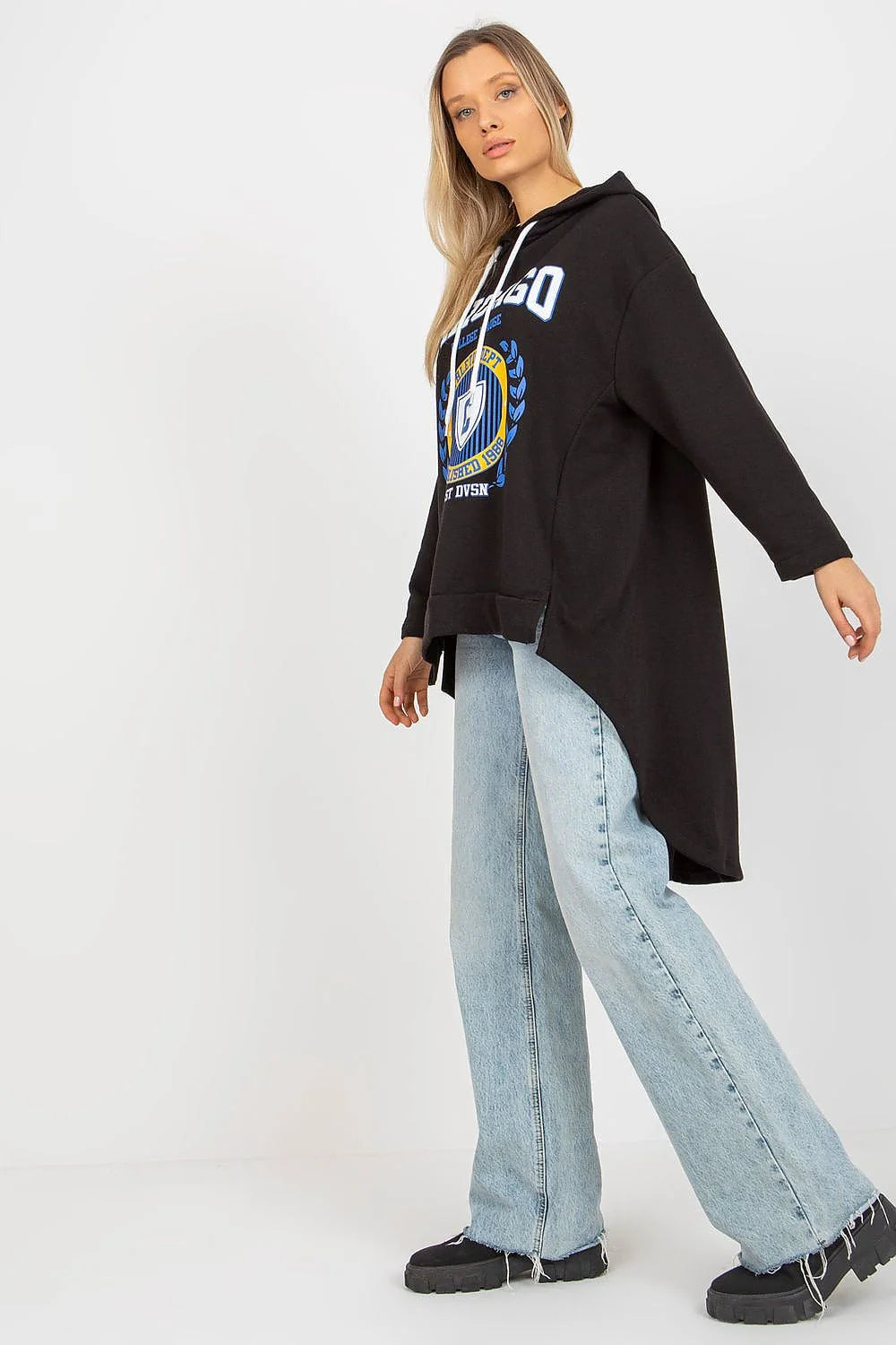 Sweatshirt femme asymétrique ample capuche manches longues coton élasthanne graphique universitaire Chicago College League