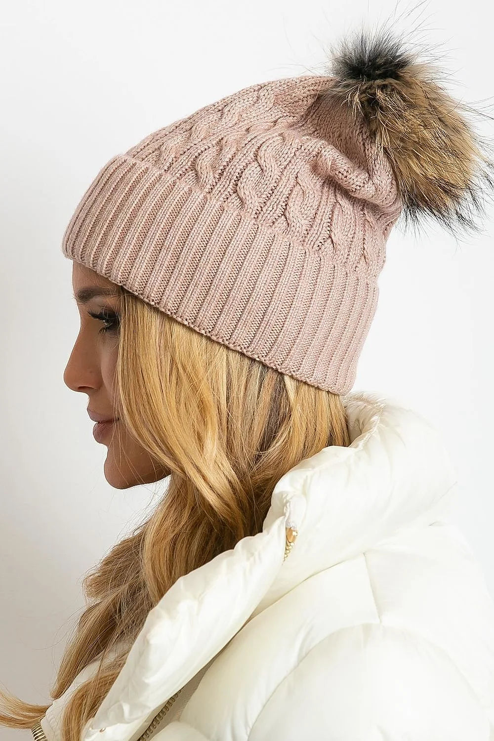 bonnet tricoté femme torsadé côtelé doux chaud coton cachemire acrylique pompon fausse fourrure rose poudré brun noir ajusté élégant cosy