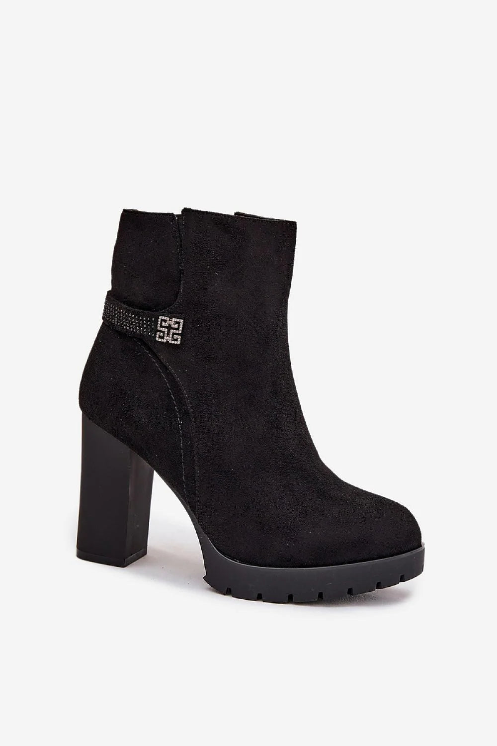 bottines cheville femme suédine écologique noir talon bloc haut carré large semelle crantée antidérapante doublure chaude zippée bride décorative strass