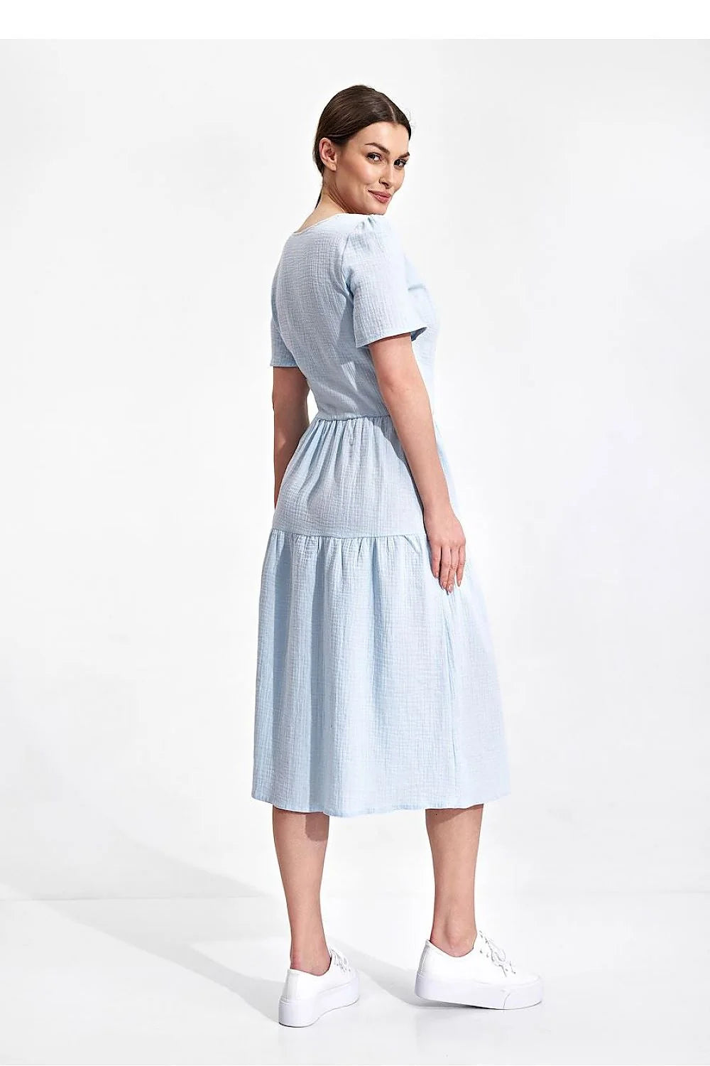 Robe de jour élégante été manches courtes encolure enveloppante coton 100 % taille ajustable femme