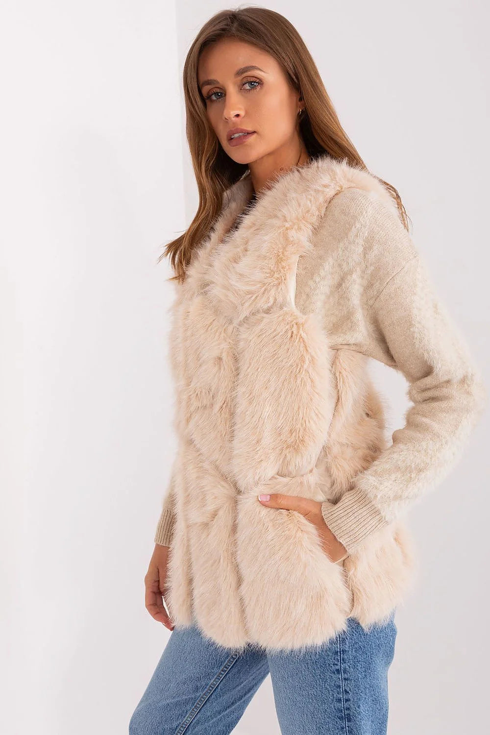 Gilet féminin en fourrure假 élégant beige clair automne/hiver/printemps manches longues col montant femmes