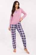 pyjama femme henley manches longues col rond trois boutons pantalon droit carreaux tartan bleu marine rose coton coupe ample confort