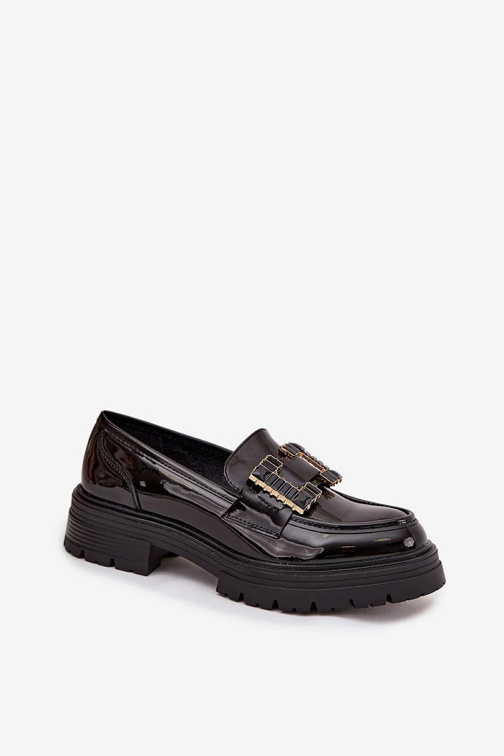 mocassins femme vernis noirs plateforme bout arrondi slipon loafers élégantes semelle crantée antidérapante boucle carrée dorée talon bas confortable