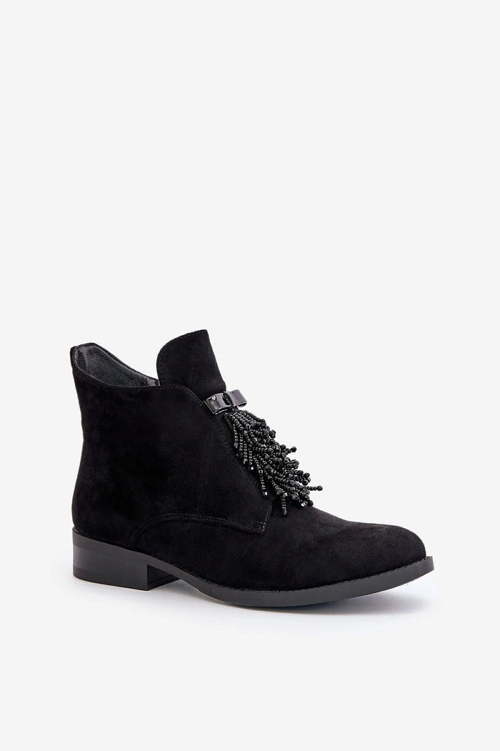 Bottines élégantes pour femme tige semi-haute decoration perles noires talons compensés fermeture éclair laterale couverture chaussure eco-suede S.Barski