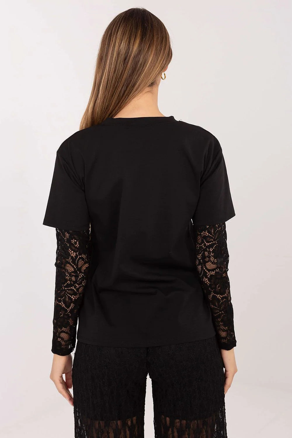 chemisier femme noir superpose jersey col rond manches trois quarts dentelle florale semi transparente coupe droite decontractee matiere douce respirante