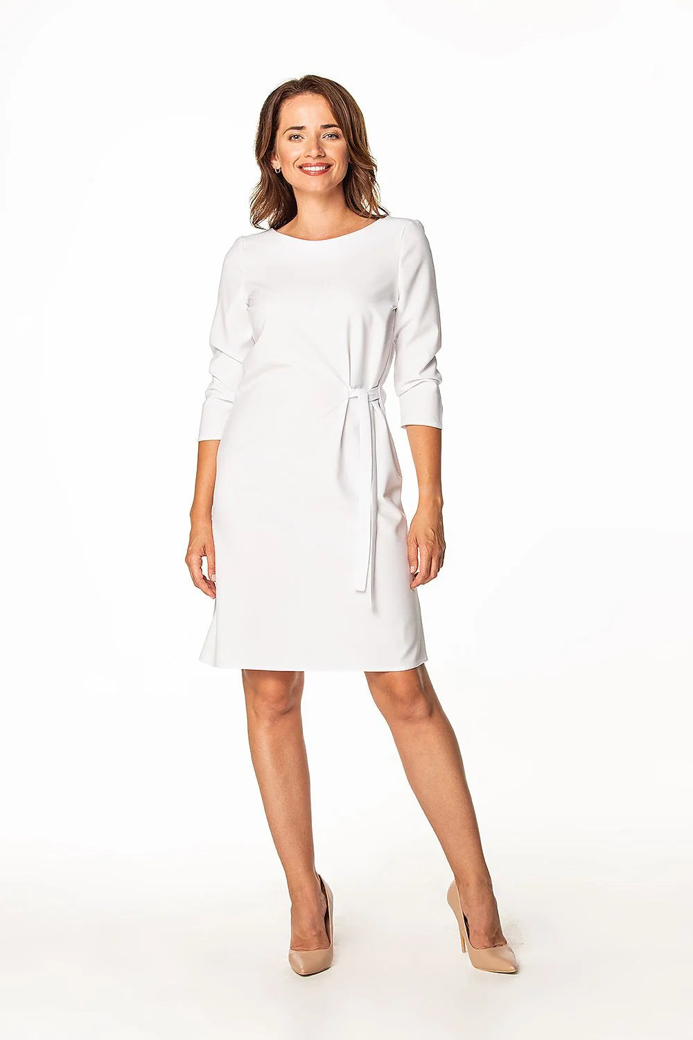 robe jour Tessita droite midi blanche manches troisquarts encolure ronde crêpe fluide tombé net coupe ajustée ceinture fine minimal chic