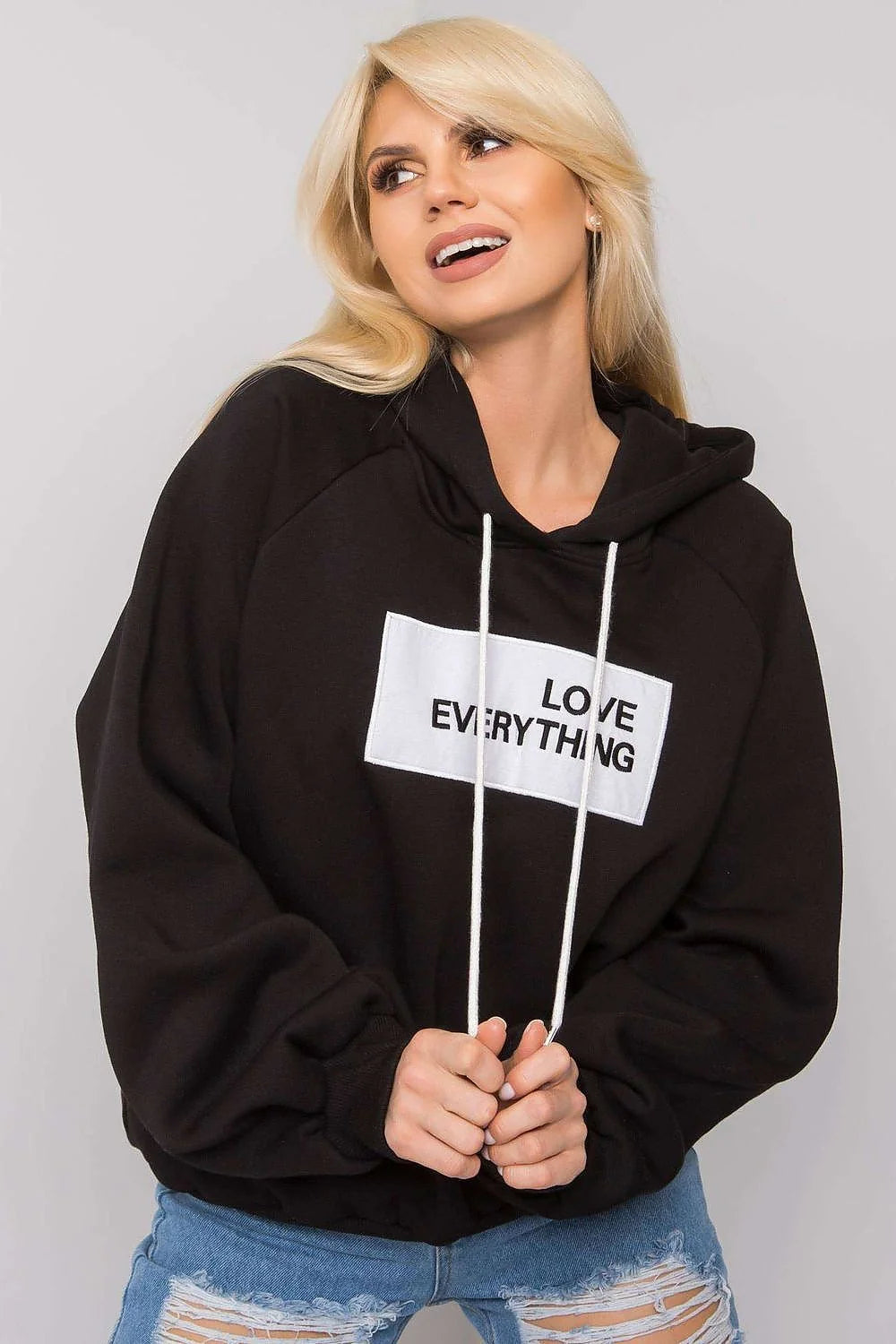 Sweatshirt à capuche pour femme design moderne décontracté marron avec inscription LOVE EVERYTHING coton polyester manches longues ample
