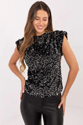 chemisier femme soirée sans manches sequins noir scintillant épaulettes structurées col rond doublé viscose polyester coupe droite ajustée