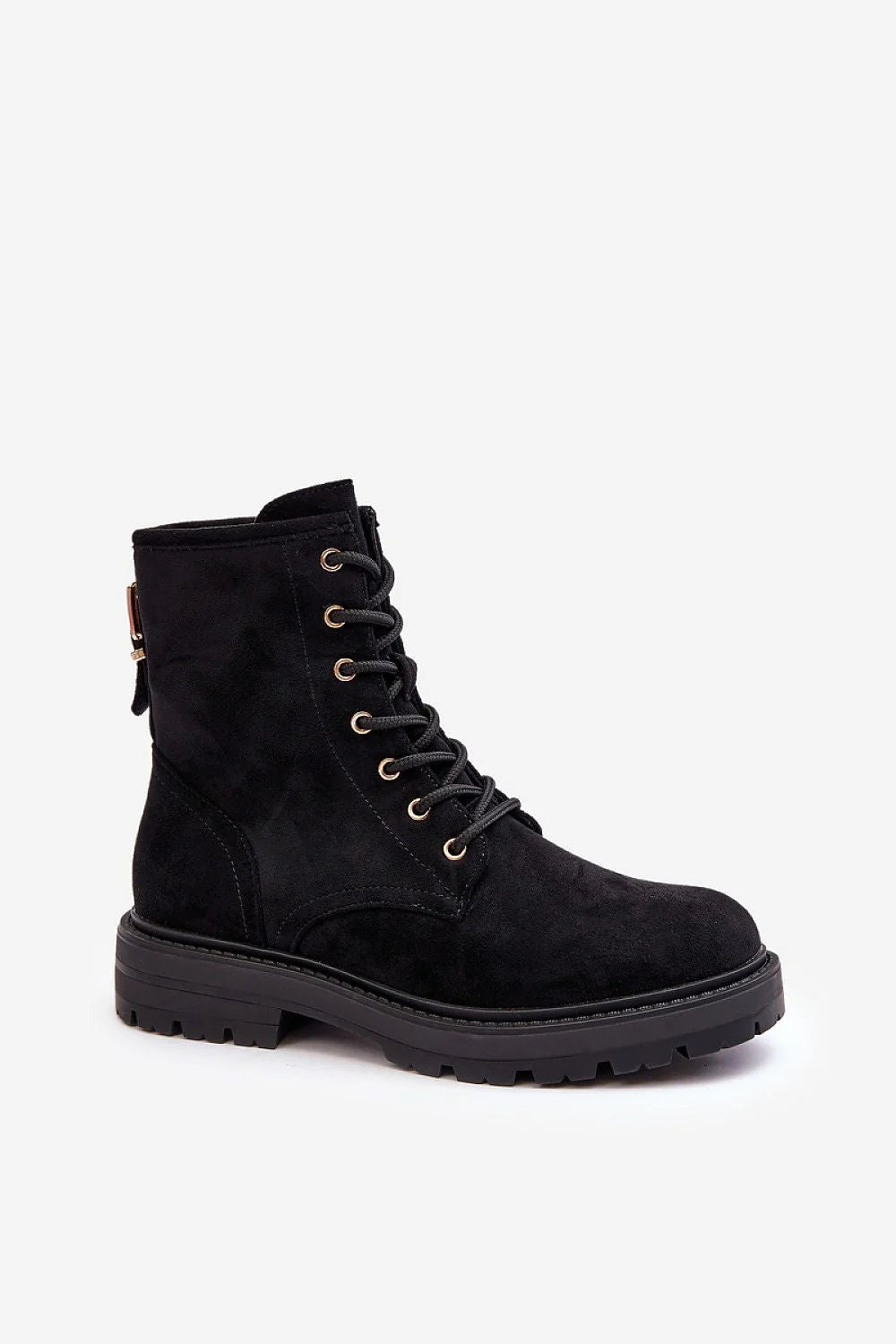 bottines femme suédine écologique noir tige mi mollet oeillets métalliques dorés fermeture zippée lacets bout arrondi contrefort renforcé
