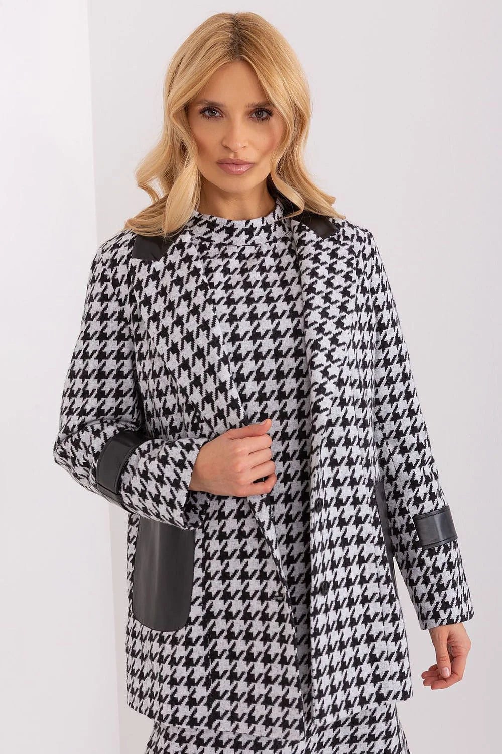 Veste pour femme manches longues col matelassé motif pied-de-poule cuir écologique tissu péplum polyvalente S/M L/XL