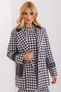 Veste pour femme manches longues col matelassé motif pied-de-poule cuir écologique tissu péplum polyvalente S/M L/XL