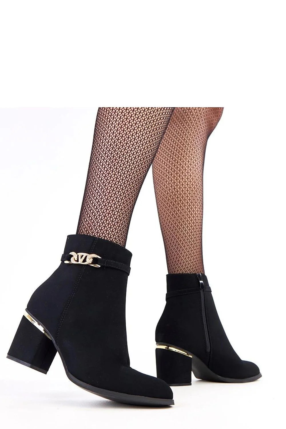 bottines cheville talon carré moyen suédine noire bout amande dorée zircons brillants chaîne bande métallique fermeture éclair latérale