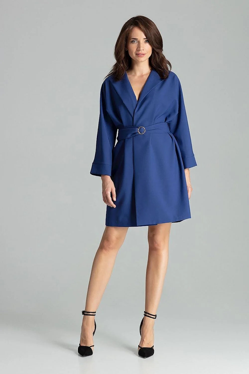 Robe élégante femme coton bleu profond col revers manches longues ceinture métallique moderne chic