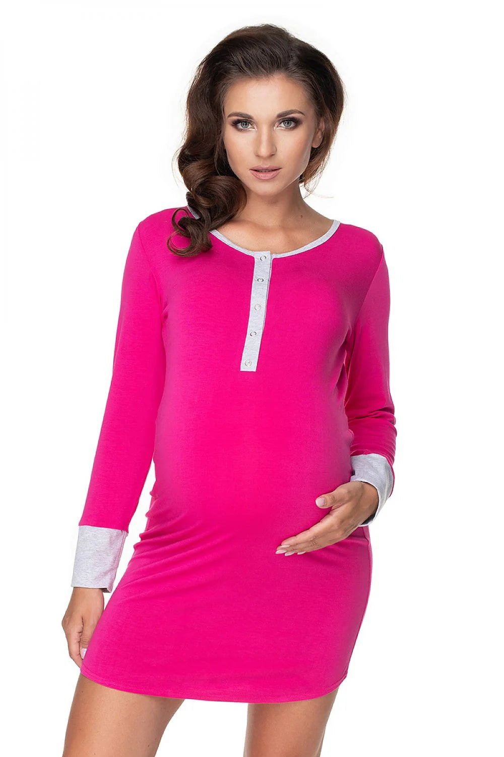 Chemise de nuit maternité viscose rose vif confortable manches longues ajustable futures mamans allaitement