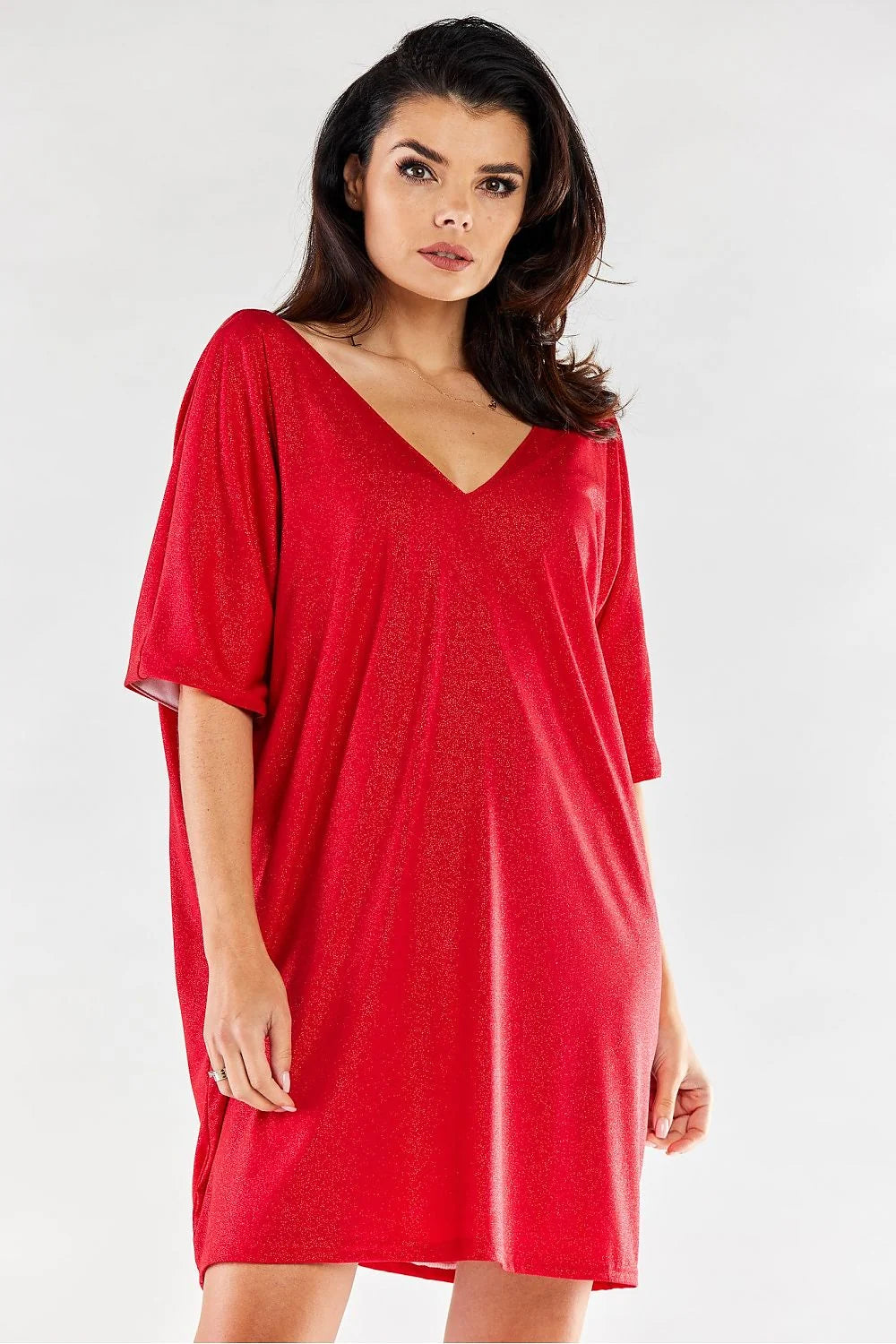 robe soirée rouge éclatante manches trois quarts col V plongeant coupe oversize tunique mi cuisses stretch irisé métallisé élasthanne confortable