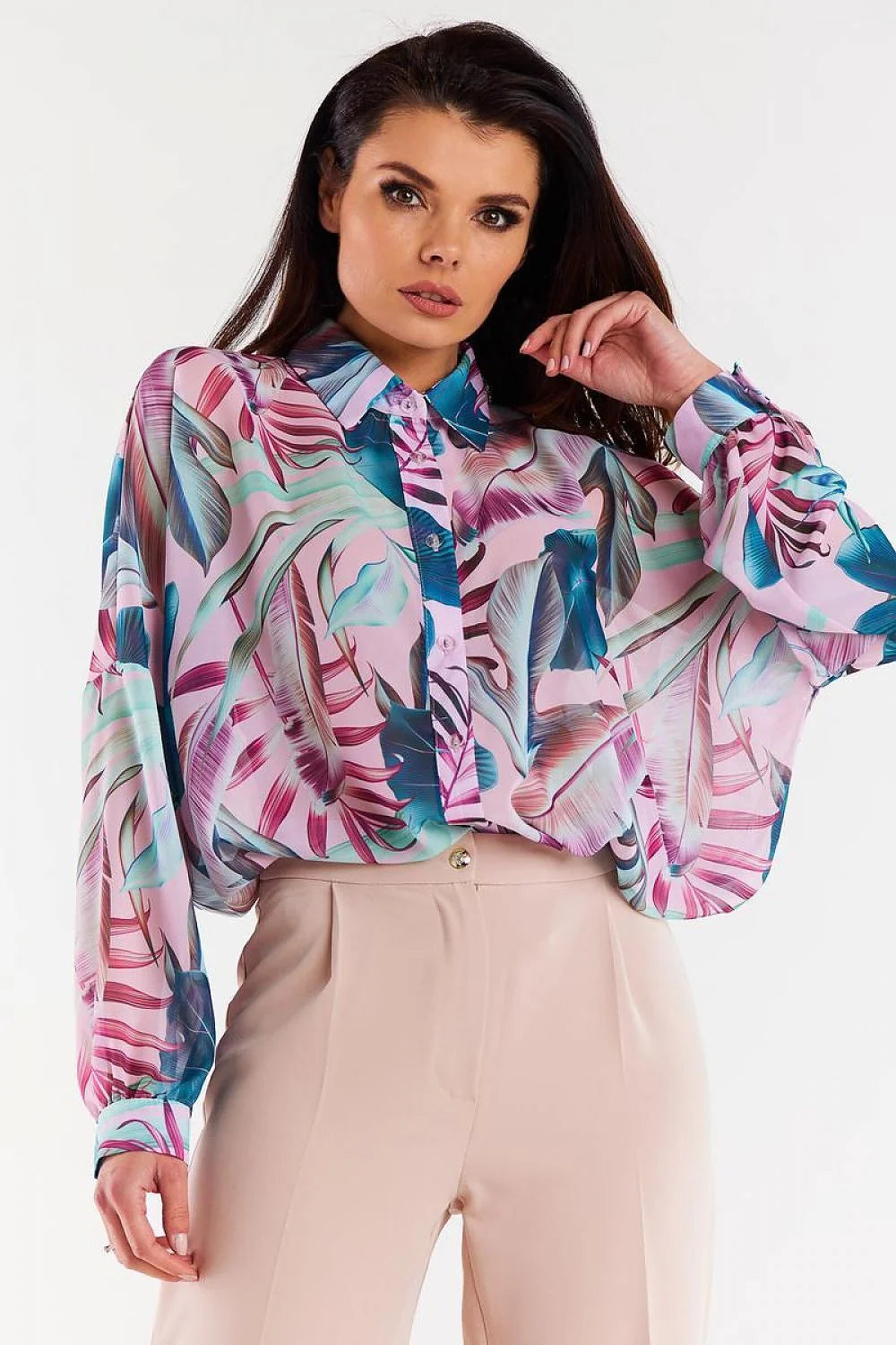 Chemise femme manches longues motif tropical couleurs vives polyester 100% coupe ample poignets boutonnés
