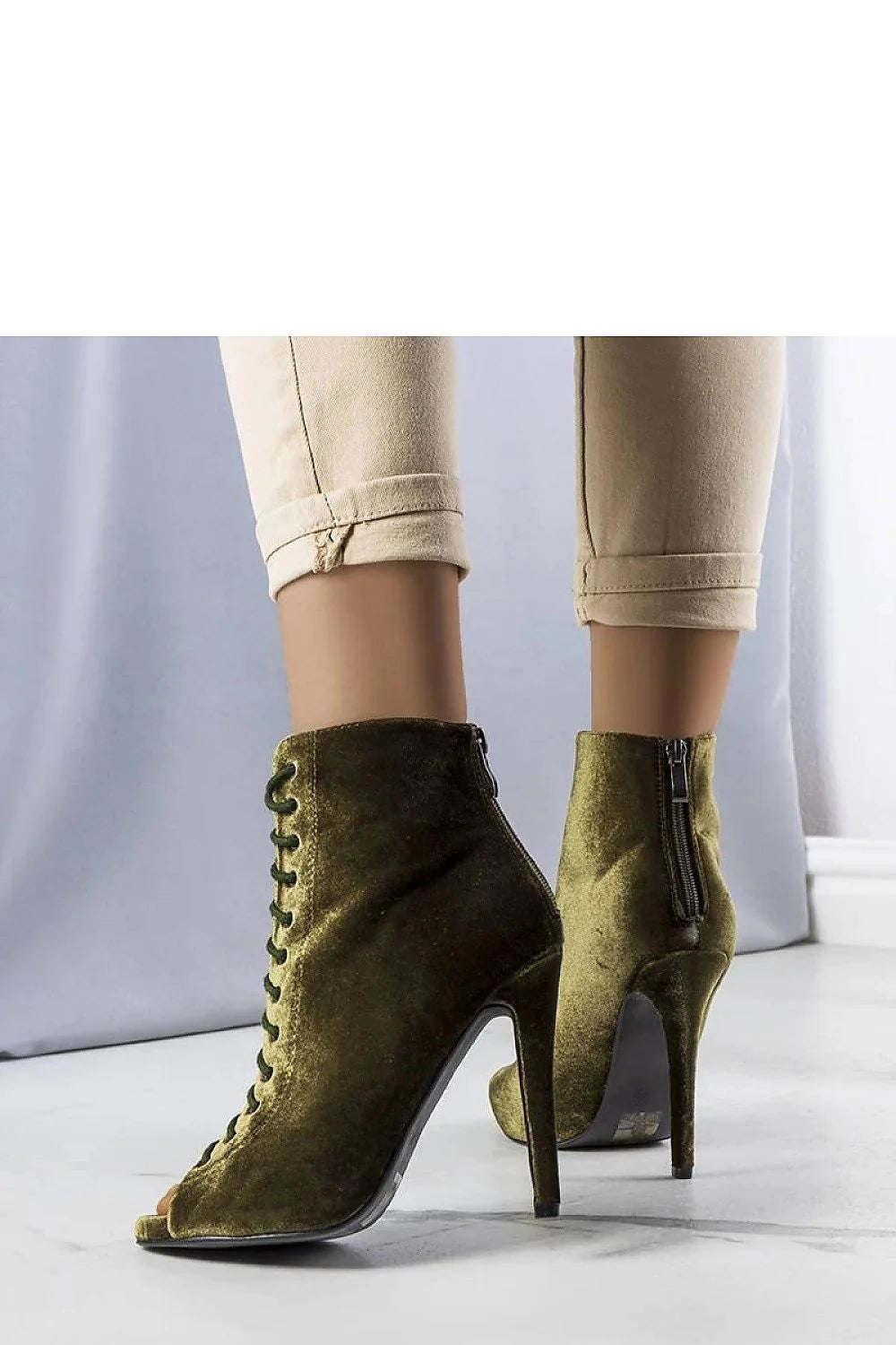 Bottes à talons hauts élégantes en velours kaki pour femmes, style moderne, fermure lacets, talon fin, occasion soirée ou quotidienne