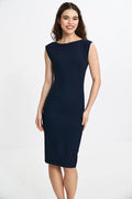 Robe de jour élégante ajustée sans manches encolure bateau dos en V jupe crayon couleur bleu marine femme