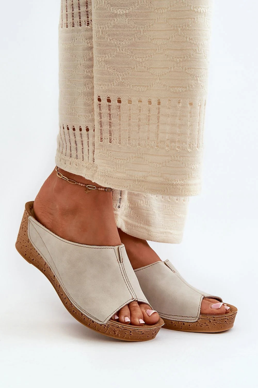 sandales femmes casual chic cuir écologique beige nubuck large sangle peeptoe semelle liège compensée 6cm ergonomique