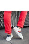 baskets femme blanches cuir naturel lisse semelle plateforme épaisse antidérapante talon 3cm bandes latérales rouge bleu
