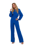 combinaison femme bleu vif manches bouffantes longues poignets ajustés taille haute cintrée jambes larges fluides coupe structurée élégante polyvalente