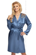 Peignoir en satin bleu acier élégant broderies florales manches longues ceinture ajustable pour femmes